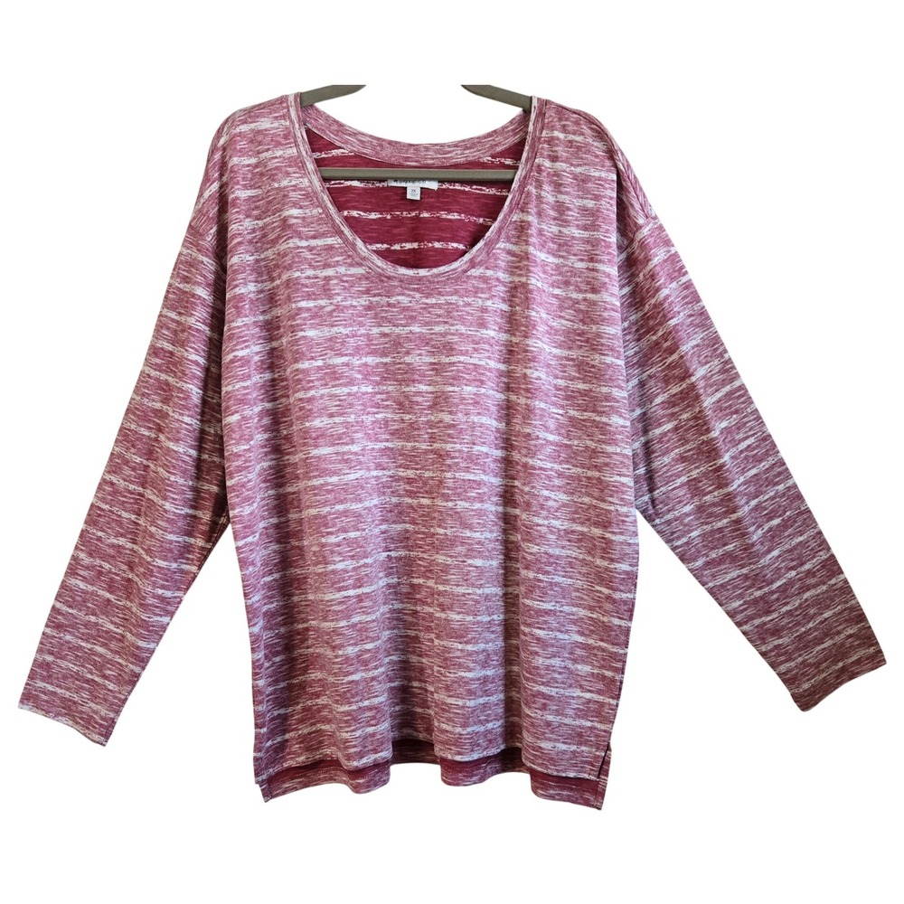 Monograph Womens Comfy 2X Raspberry Space Dye Striped Scoop Neck Long Sleeve Top